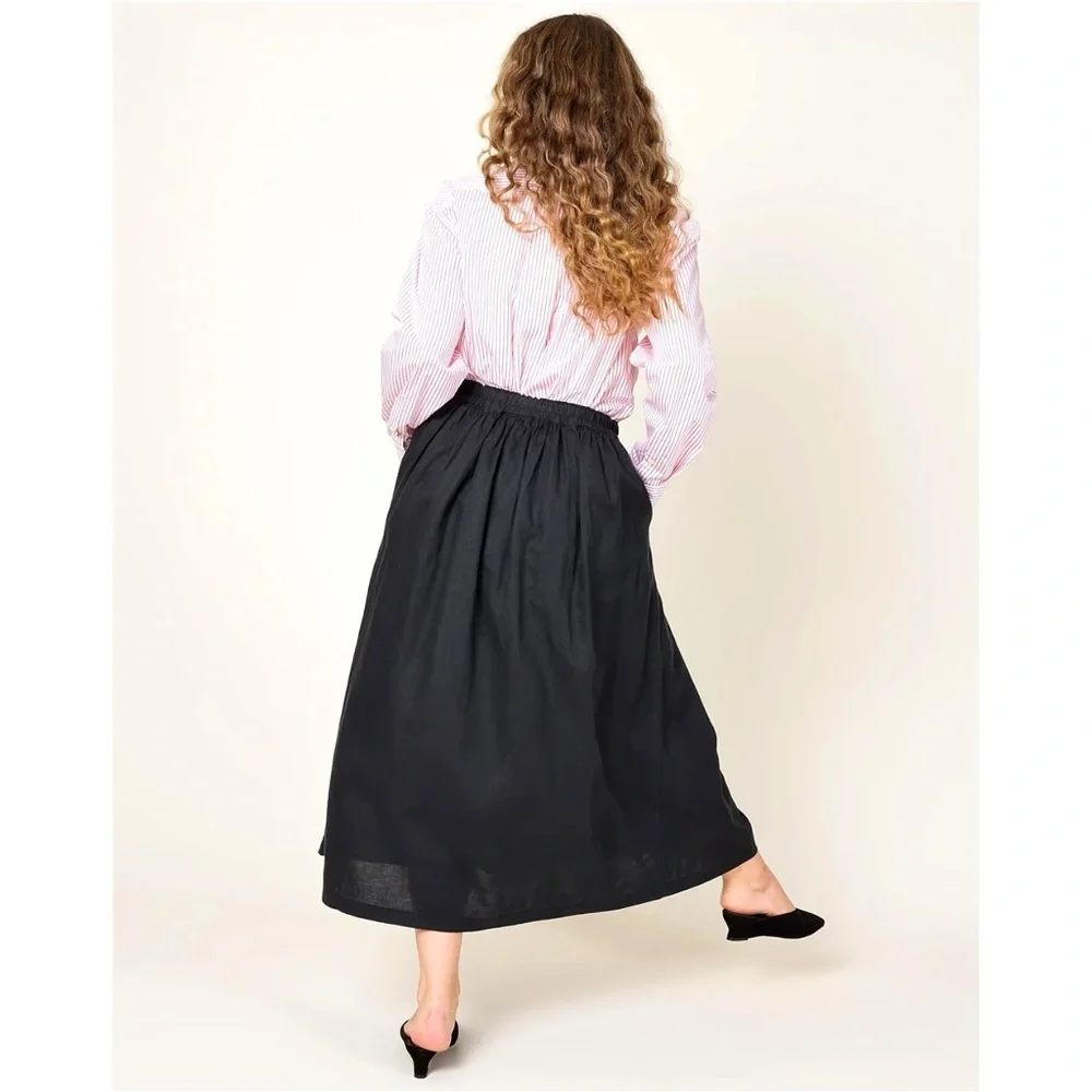 NWOT ICHI Color Linen Skirt - Black Linen Gathered Fully Lined Midi Maxi Skirt